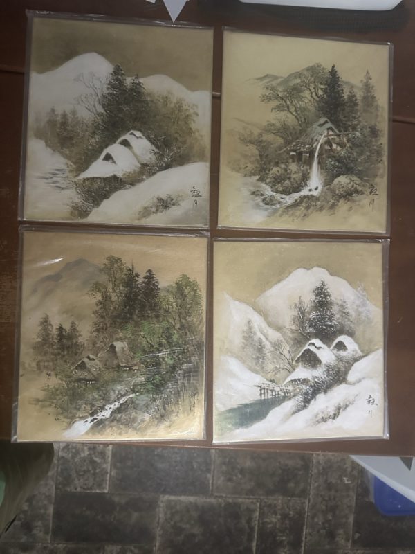 tagi-000004-02 Set of 8 Vintage Japanese Shikishi Landscape Art Boards Signed & Sealed