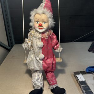 tagi-000016-01 Decorative Clown Marionette Doll on Wooden Swing Pink White Moon Star Costume