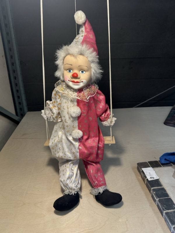 tagi-000016-01 Decorative Clown Marionette Doll on Wooden Swing Pink White Moon Star Costume