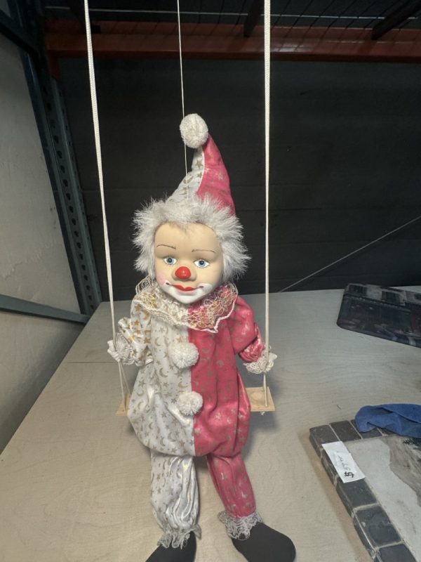 tagi-000016-02 Decorative Clown Marionette Doll on Wooden Swing Pink White Moon Star Costume
