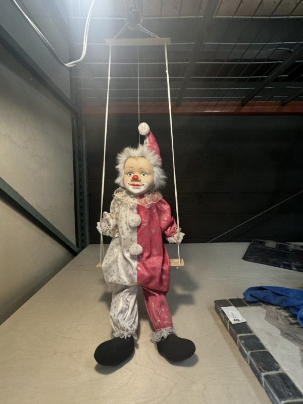 tagi-000016-03 Decorative Clown Marionette Doll on Wooden Swing Pink White Moon Star Costume