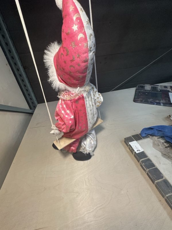 tagi-000016-04 Decorative Clown Marionette Doll on Wooden Swing Pink White Moon Star Costume