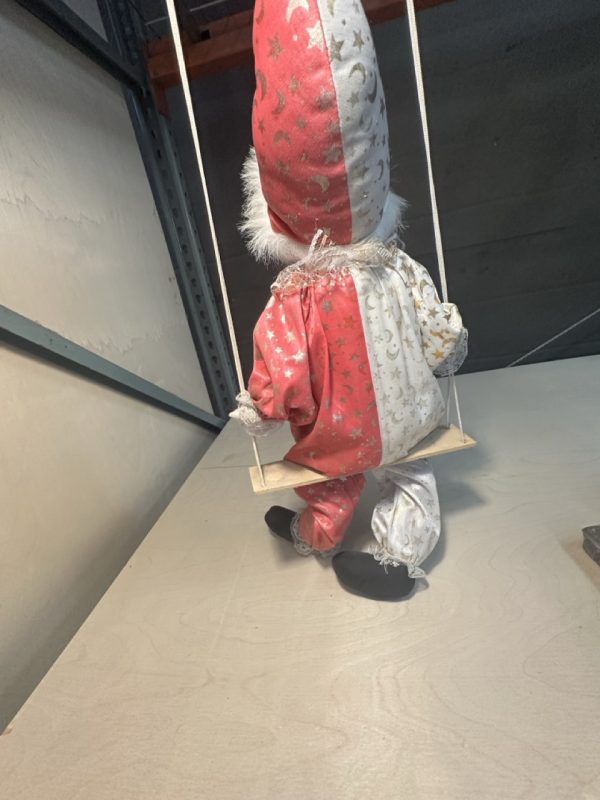 tagi-000016-05 Decorative Clown Marionette Doll on Wooden Swing Pink White Moon Star Costume